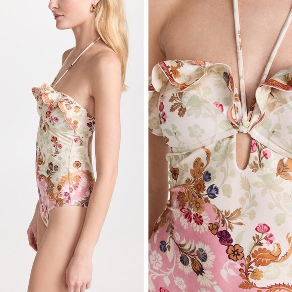 Zimmermann Laurel Wire Frill Halter One Piece Pink Floral Swimsuit Size 2 US 8 - Picture 2 of 11